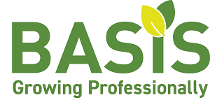 Green 'BASIS' logo with leaves above the 'I' and tagline 'Growing Professionally' below.