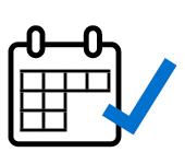 Calendar icon with grid and blue checkmark overlay on white background, symbolizing scheduling or completion.