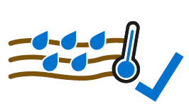 Raindrops fall on brown wavy lines beside a thermometer and checkmark, showing water absorption and temperature regulation.