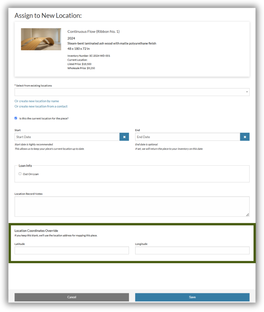Assign to Location or Loan Out panel with Latitude and Longitude fields for a new Location Record.