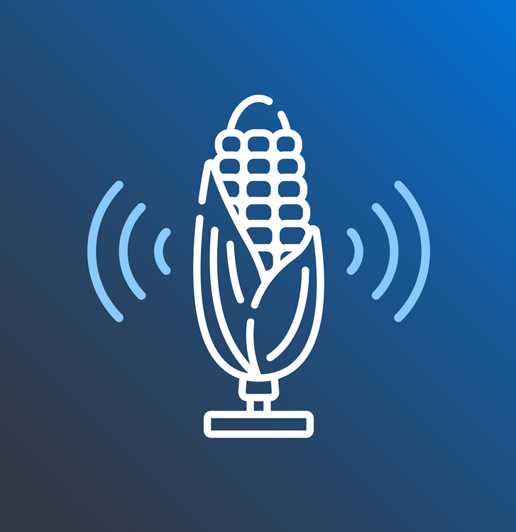 blue background with white picture of corn cob with audio symbol