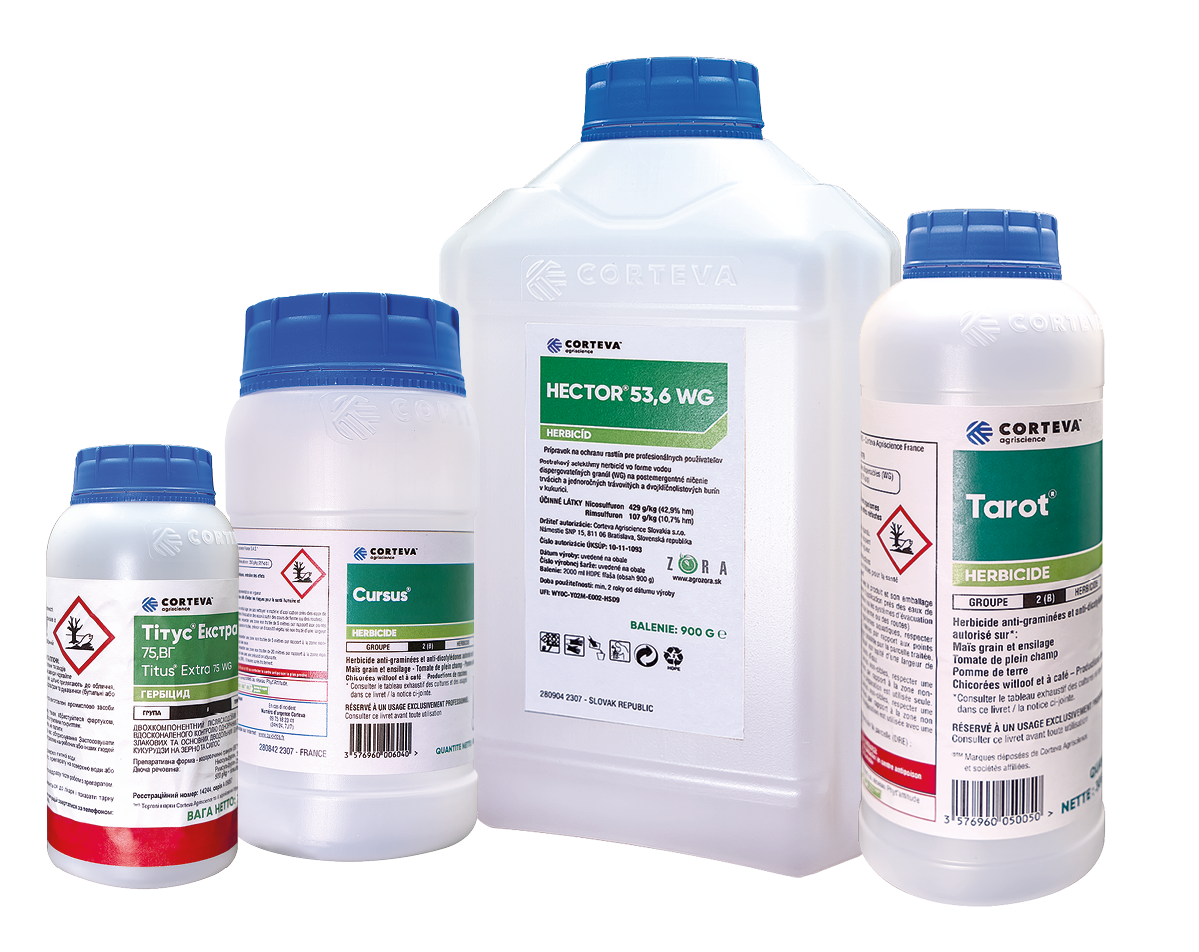 Various Corteva Agriscience herbicide products displayed against a blue background, including bottles labeled Hector 53.6 WG, Tarot, Cursus, and Titus Extra 75 WG