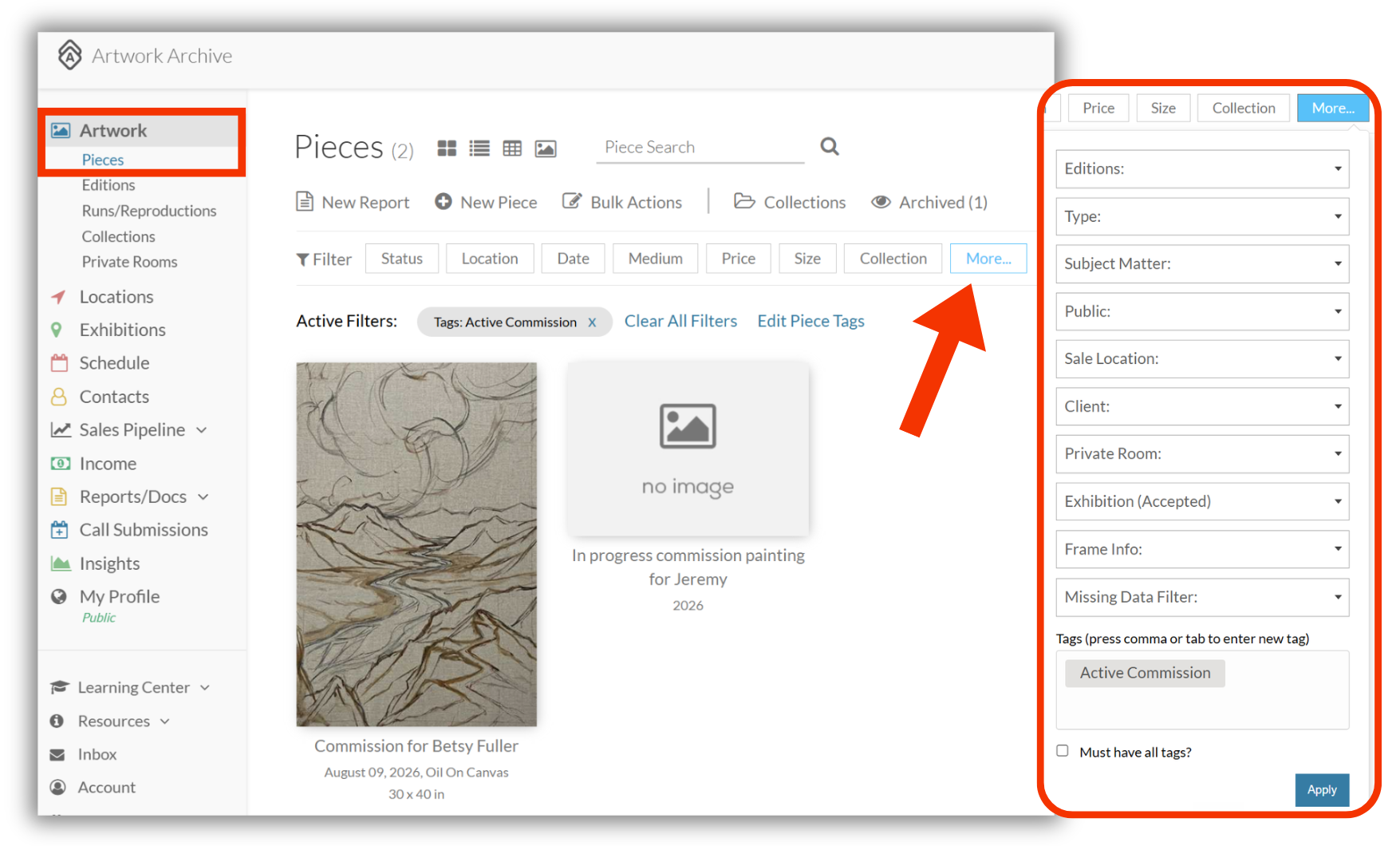 Filtered Pieces view: Pieces page filtered by the Active Commission tag showing all in-progress commissions.