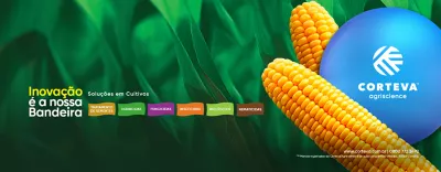 Banner da Corteva Agriscience com fundo verde e espigas de milho douradas. O texto destaca: "Inovação é a nossa Bandeira – Soluções em Cultivos", com categorias de produtos: Tratamento de Sementes, Herbicidas, Fungicidas, Inseticidas, Biológicos e Nematicidas. Logo da Corteva Agriscience e contato: www.corteva.com.br | 0800 772 2492.