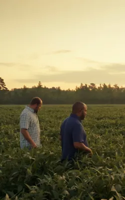 two men walking in crop field at sunrise