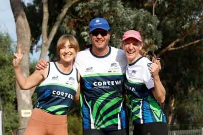 Amelia Dennis, Nick Koch and Karen Deane representing Corteva at the Active Farmers’ Games